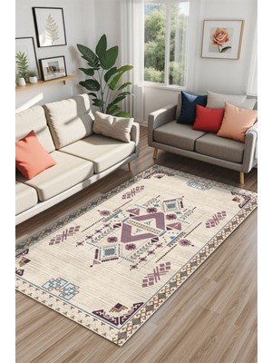 Depoba Plum Kadife Yıkanabilir Kaymaz Pamuk Tabanlı Kilim Salon Halısı