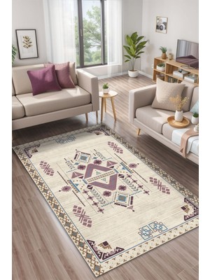 Depoba Plum Kadife Yıkanabilir Kaymaz Pamuk Tabanlı Kilim Salon Halısı