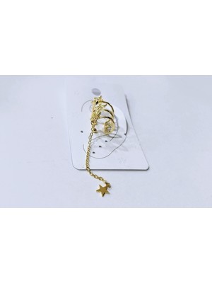 Cesicey Earcuff Çelik Zirkon Taşlı Yıldız Sallantılı 3 Yıldız Altın Renk Küpe