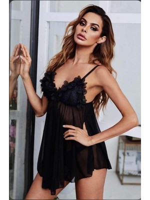 Night Black Işlemeli Mini Tül Gecelik