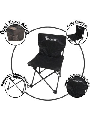 T. Concept Konforlu Kolay Taşınabilir Metal Ayaklı Katlanabilir Küçük Çocuk Kamp Sandalye Siyah Renk