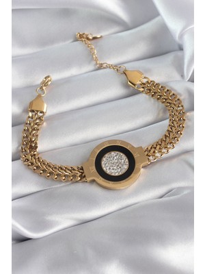 Clariss 316L Çelik Gold Renk Hasır Zincir Model Zirkon Taşlı Romen Rakam Işleme Detay Kadın Bileklik