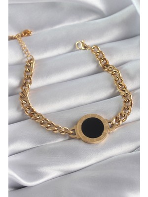 Clariss 316L Çelik Gold Renk Zincir Model Romen Rakam Işleme Detay Kadın Bileklik