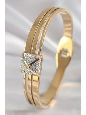 Clariss 316L Çelik Gold Renk Zirkon Taşlı Kadın Kelepçe
