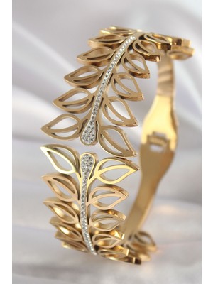 Clariss 316L Çelik Gold Renk Zirkon Taşlı Detay Yaprak Model Kadın Bileklik