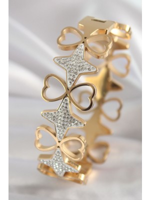 Clariss 316L Çelik Gold Renk Zirkon Taşlı Yıldız Kalp Model Kadın Bileklik