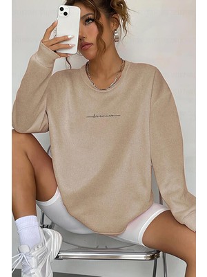 Millionaire Kadın Sütlü Kahve Melanj Dreamer Baskılı 0 Sıfır Yaka Oversize Salaş Bol Kesim Polar Sweatshirt