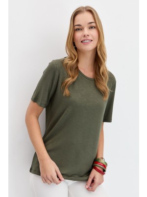 Desen Triko Kadın Sıfır Yaka Flamlı Kumaş Penye T-Shirt Haki