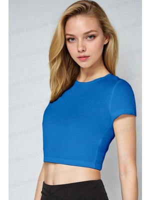 Teenage Millionaire Kadın Saks Mavisi Bisiklet Yaka Kısa Kollu Fitilli Kaşkorse Crop Bluz