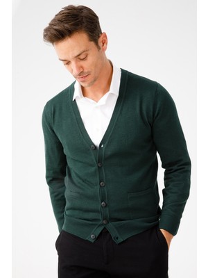 Desen Triko Erkek Basic V Yaka Önü Düğmeli Ince Triko Hırka Nefti