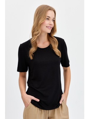 Desen Triko Kadın Sıfır Yaka Flamlı Kumaş Penye Tshirt Siyah