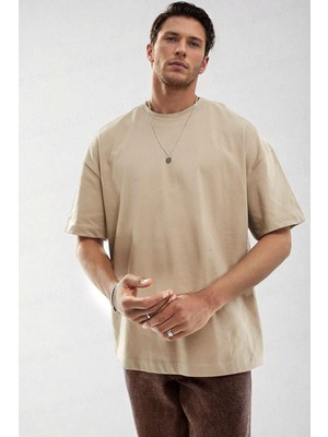 Teenage Millionaire Erkek Camel Sütlü Kahve Basic Düz Baskısız Oversize Salas Boyfriend T-Shirt