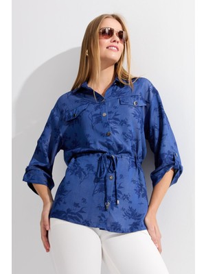 Desen Triko Kadın Beli Bağcıklı Yaprak Desenli Gömlek K.mavi