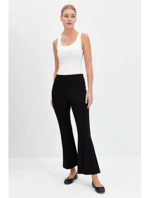 Desen Triko Kadın Beli Lastikli Ispanyol Paça Tayt Pantolon Siyah
