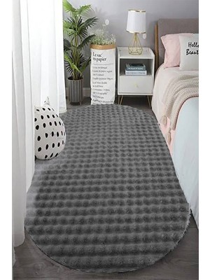 Vila Nova Home Antrasit Oval Peluş Kabartma Tavşan Tüyü Kaymaz  Yıkanabilir Salon Koridor Mutfak Çocuk Odası