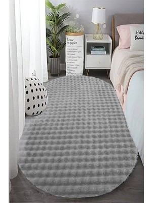 Vila Nova Home Gri Oval Peluş Kabartma Tavşan Tüyü Kaymaz  Yıkanabilir Salon Koridor Mutfak Çocuk Odası