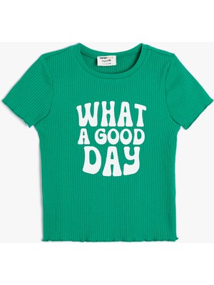 Koton Crop T-Shirt Kısa Kollu Baskılı Bisiklet Yaka Dokulu