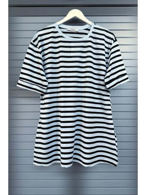SFG Life Moda Kadın MAVİ Bisiklet Yaka ve Kolu Duble Kol Eteği Yırtmaçlı Çizgili T-shirt Tunik