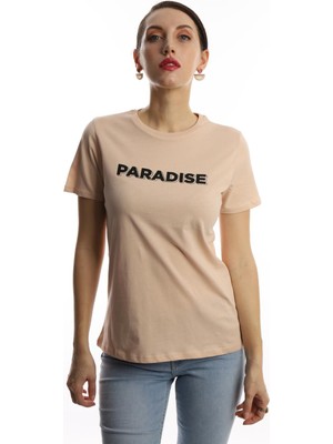 Polo State Kadın Paradise Baskılı Bisiklet Yaka T-Shirt Bej