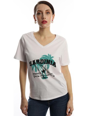 Polo State Kadın Sardinia Baskilı V Yaka T-Shirt Beyaz