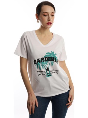 Polo State Kadın Sardinia Baskilı V Yaka T-Shirt Beyaz