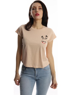 Polo State Kadın Bisiklet Yaka Game Over Kedi Baskılı Regular Fit Tişört Bej