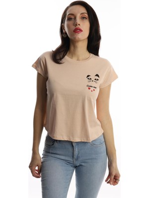 Polo State Kadın Game Over Kedi Baskılı T-Shirt Bej