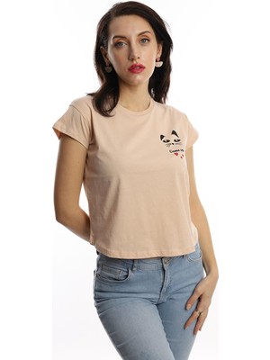 Polo State Kadın Game Over Kedi Baskılı T-Shirt Bej