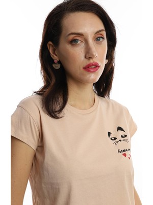 Polo State Kadın Game Over Kedi Baskılı T-Shirt Bej