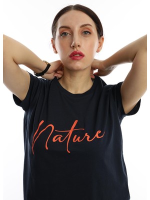 Polo State Kadın Nature Yazı Baskılı Crop T-Shirt Lacivert