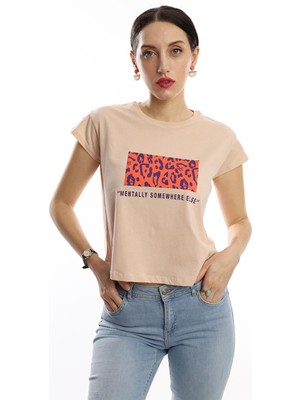 Polo State Kadın Pars Desen Baskılı Crop T-Shirt Bej