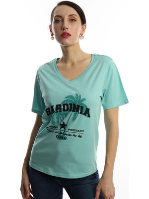 Polo State Kadın Sardinia Baskılı V Yaka T-Shirt Turkuaz