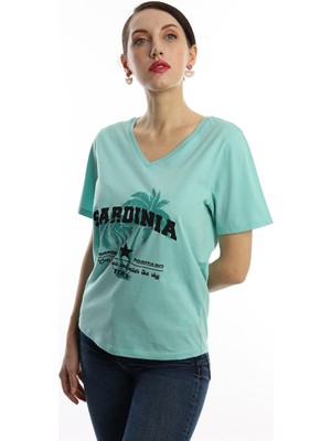 Polo State Kadın Sardinia Baskılı V Yaka T-Shirt Turkuaz