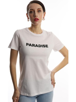 Polo State Kadın Paradise Baskılı Bisiklet Yaka T-Shirt Beyaz