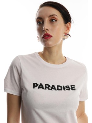 Polo State Kadın Paradise Baskılı Bisiklet Yaka T-Shirt Beyaz