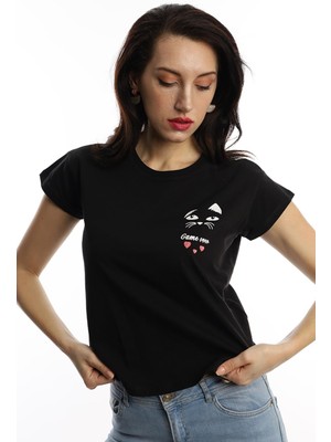 Polo State Kadın Game Over Kedi Baskılı T-Shirt Siyah