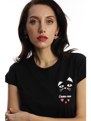 Polo State Kadın Game Over Kedi Baskılı T-Shirt Siyah