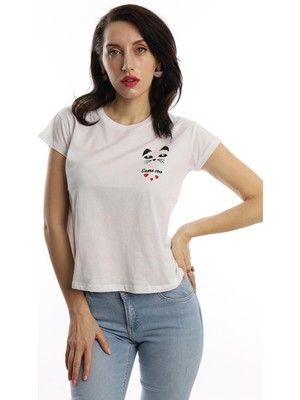 Polo State Kadın Game Over Kedi Baskılı T-Shirt Beyaz