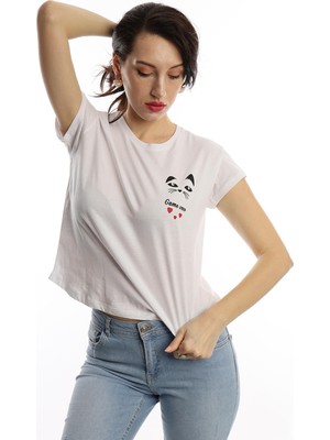 Polo State Kadın Game Over Kedi Baskılı T-Shirt Beyaz