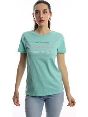 Polo State Kadın Hello Lovely Yazı Baskılı T-Shirt Turkuaz