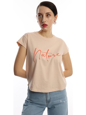 Polo State Kadın Nature Yazı Baskılı Crop T-Shirt Bej