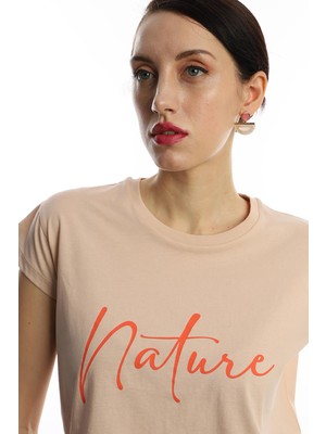 Polo State Kadın Nature Yazı Baskılı Crop T-Shirt Bej