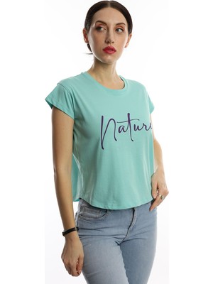 Polo State Kadın Nature Yazı Baskılı Crop T-Shirt Turkuaz