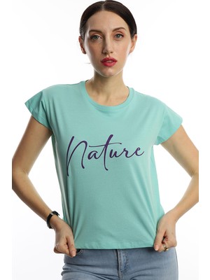 Polo State Kadın Nature Yazı Baskılı Crop T-Shirt Turkuaz