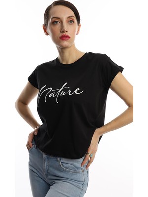 Polo State Kadın Nature Yazı Baskılı Crop T-Shirt Siyah