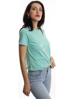 Polo State Kadin Bisiklet Yaka Baskılı Basic T-Shirt Turkuaz