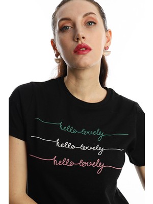 Polo State Kadın Hello Lovely Yazı Baskılı T-Shirt Siyah