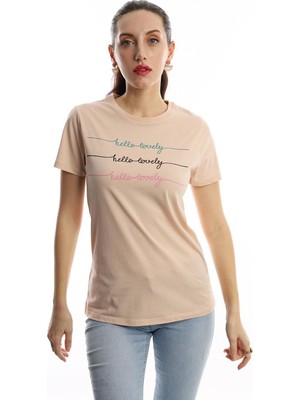 Polo State Kadın Hello Lovely Yazı Baskılı T-Shirt Bej