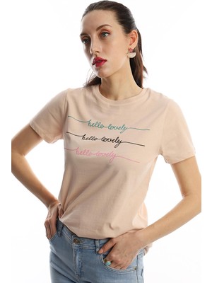 Polo State Kadın Hello Lovely Yazı Baskılı T-Shirt Bej