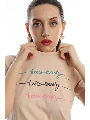 Polo State Kadın Hello Lovely Yazı Baskılı T-Shirt Bej